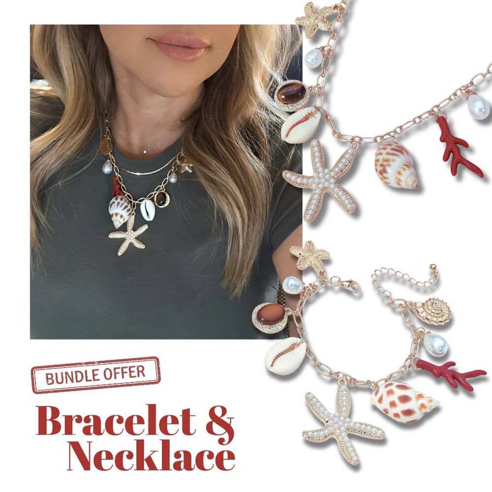 NEW Bracelet + Necklace BUNDLE Pearl Starfish Shell Pearl Beach Theme Gold Charm